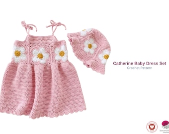 Catherine Baby Dress Set Crochet Pattern – Daisy Dress, Cap & Floral Motif Outfit – Baby Girl Summer Dress PDF-Dress Gift- Best Spring Dress