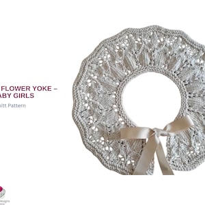 May include: A light grey, open-weave knitted baby collar with a scalloped edge and a satin ribbon bow. The text "ERANTIS FLOWER YOKE - BABY GIRLS" is displayed on the left side. The collar is a knit pattern.