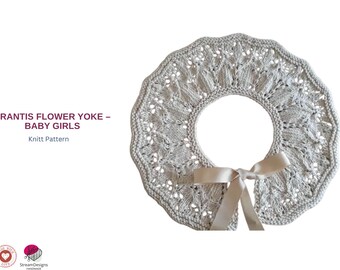 Wzór na sweterek Erantis Flower Yoke dla niemowląt, wzór na bluzkę z kwiatowym karczkiem, koronkowy sweterek z oczkami na drutach, wzór na sweterek dla dziewczynek w formacie PDF