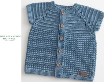 Wzór na kamizelkę z okrągłym dekoltem i ząbkami myszy – Teksturowana kamizelka dla niemowląt w formacie PDF – Dzianina raglanowa z wiązaniem od góry – Wzór na kamizelkę dla dzieci – Wzór na kardigan dla niemowląt