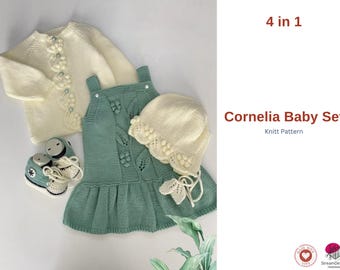 Cornelia Baby Set Knitting Pattern – Baby Dress, Cardigan, Hat & Booties – Baby Outfit Pattern PDF- 4 in 1 patterns- Baby Girl Birthday Set