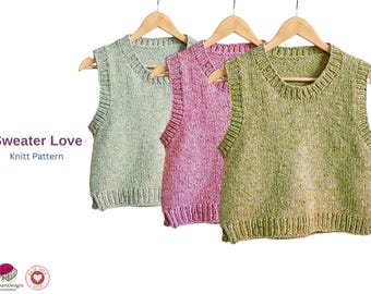 Sweater Love Knit Vest Pattern – Chunky Top Down Sweater – Seamless Knitting PDF – Modern Ribbed Tank – Adult Sizes XS–5XL