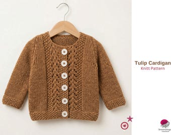 Patrón de cárdigan Tulipán en PDF, patrón de cárdigan raglán para bebé, suéter de encaje para bebé, cárdigan de punto con botones delanteros - Patrón de regalo de cárdigan