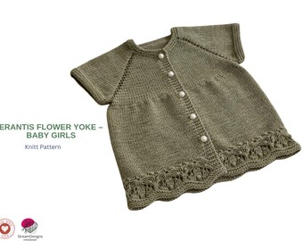 Wzór na kardigan Erantis Flower dla niemowląt – Teksturowany sweter z kwiatowym karczkiem – Dzianina dla niemowląt w formacie PDF – Zapinany z przodu na guziki kardigan dla niemowląt