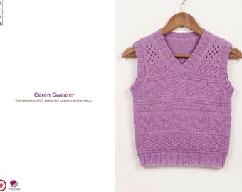 Ceren Sweater Vest Knitting Pattern – Children V Neck Knit Vest PDF – Textured Knit Top Kids 3–12 Years – Classic Sleeveless Sweater-