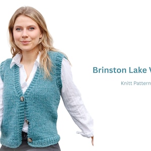 May include: A teal knitted vest with a V-neck and three brown buttons. The vest is worn over a white collared shirt. The text "Brinston Lake Vest" and "Knitt Pattern" are displayed on the right side of the image.