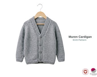 Muren Cardigan Knitting Pattern – Baby & Kids Raglan Sweater PDF – Classic Button Front Knit – Children Cardigan Pattern