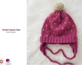 Violet Heart Hat – Baby Earflap Hat Knitting Pattern – Cozy Winter Beanie – Cute Heart Design – Gift for Babies- Baby Knitt Hat-Cap Gift