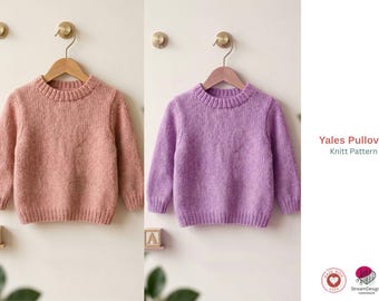 Yales Pullover Knitting Pattern – Classic Baby Sweater PDF – Ribbed Crew Neck Jumper – Newborn to 7 Years Knit Pattern