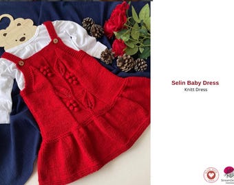 Modèle de tricot de robe pour bébé Selin - Robe pour tout-petit à motif de feuilles de vigne PDF - Ensemble fait main à bretelles boutonnées - Modèle de robe pour bébé fille, cadeau