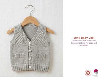 Modello di maglia per gilet per neonati Jons - Gilet classico per neonati con scollo a V - Gilet in maglia testurizzata per neonati e bambini - Modello PDF digitale - Gilet in maglia per neonati
