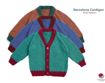 Patrón de punto para cárdigan Barcelona – Suéter raglán infantil en PDF – Cárdigan clásico con botones – Tallas 4 6 8 10 – Patrón de punto fácil – Cárdigan