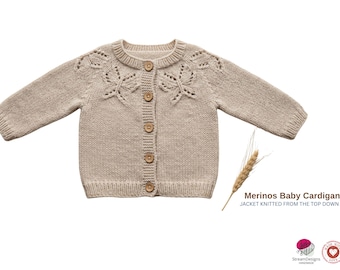 Merinos Baby Cardigan Knitting Pattern – Top Down Baby Jacket – Seamless Infant Sweater – Button Front Knit PDF- Baby Gift Knitt Jacket