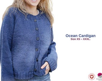 Ocean Cardigan Knitting Pattern – Top-Down Raglan Jacket – Sizes XS to XXXL –Buttoned Knit Cardigan PDF- Young Girls Cardigan Jacket Pattern