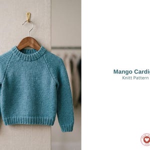 Op de afbeelding: Lichtblauwe gebreide cardigan met een ronde hals en lange mouwen, hangend aan een houten hanger. De tekst "Mango Cardigan Knitt Pattern" is zichtbaar. De cardigan is gemaakt van getextureerd garen.