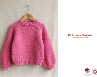 Rosa Love Pullover Strickmuster - Kinder Raglanpullover - Top Down Strickpullover PDF - Kinder Ballon Ärmel Pullover Mädchen Kind