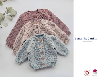 Sangrilla Cardigan Knitting Pattern – Baby Cable Raglan Sweater – Seamless Top Down – Infant 6-12 Months PDF