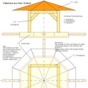 May include: Detailed architectural drawing of a wooden bird feeder, featuring an octagonal base and a peaked roof. The design includes labeled sections and measurements, showcasing the construction plan. The text "Futterhaus aus Holz / Achteck" is visible.