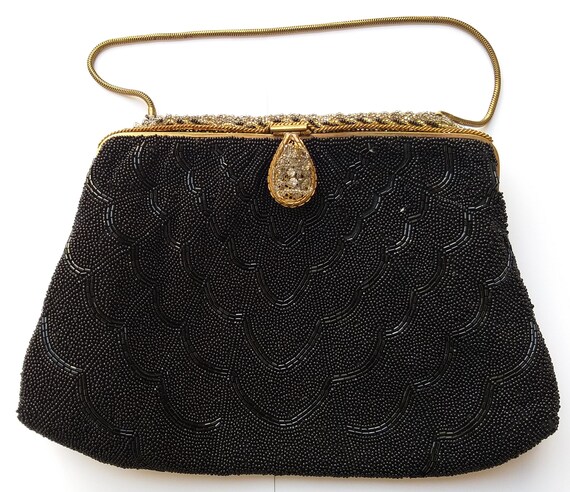 Bolso de Gala Francés Vintage-Hecho a Mano en Francia - Bordado de Cuentas Negras y Broche de Seguridad -Alta Costura de Época-Joya de Museo