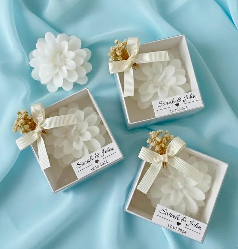 Personalized Lotus Wedding Favors for Guests, White Flower Candle in ...