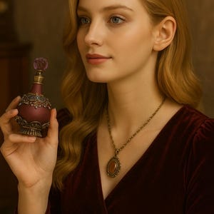 Puede incluir: Un frasco de perfume burdeos con detalles dorados y un tapón de cristal. También se ve un collar con colgante dorado con una piedra ovalada. El frasco se sostiene en una mano.