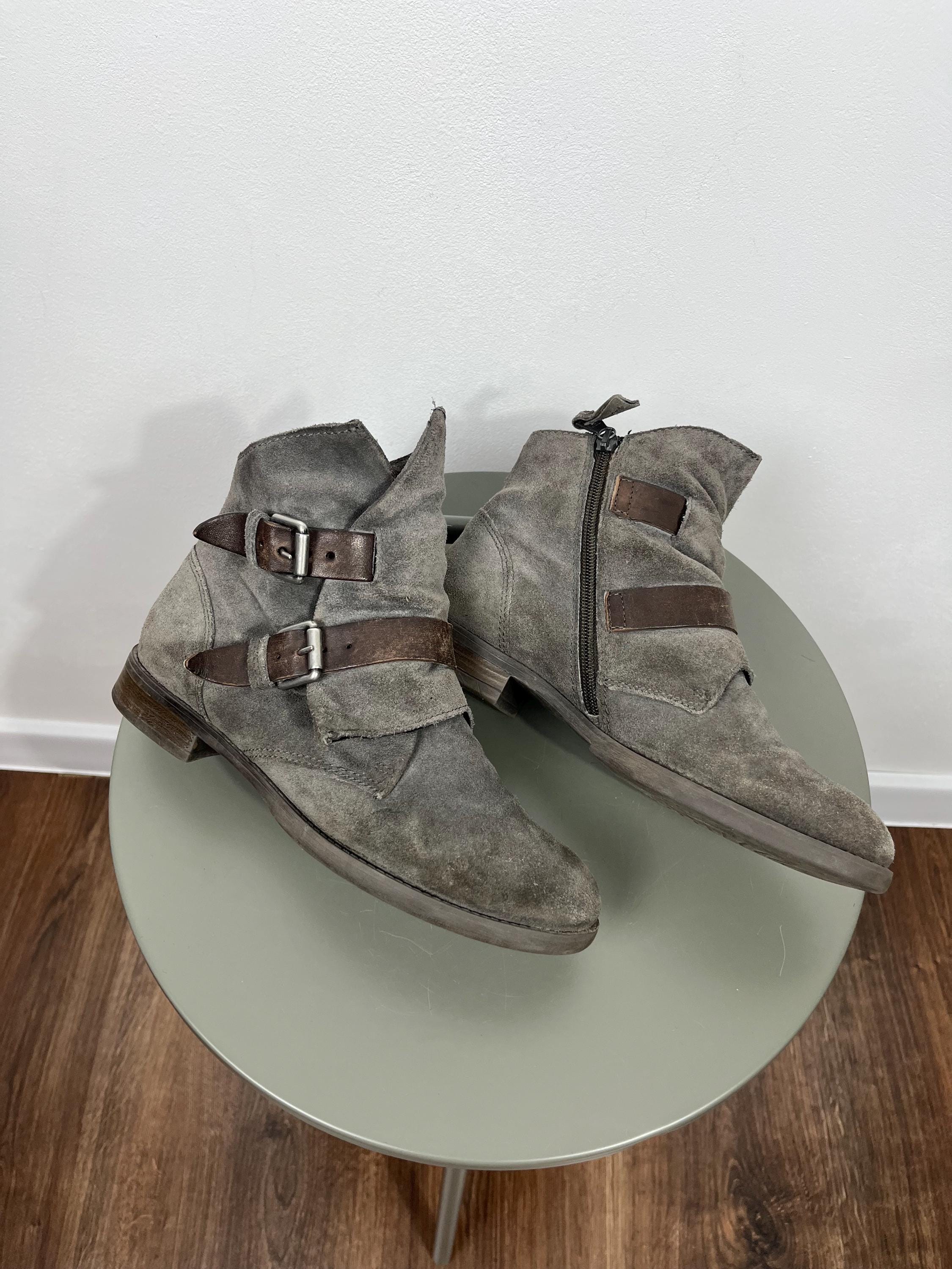 Avant Garde Distressed Suede Boots EU 38 Buckle Strap Zip Ankle