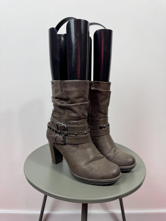 women's mid calf leather dress boots Brown Heeled Studded Buckle Moto EU 40 Y2K groupColor_Brown