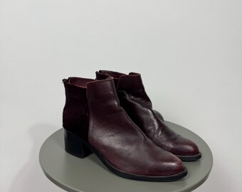 Vintage Burgundy Leather Haircalf Ankle Boots Zip Block Heel US 9