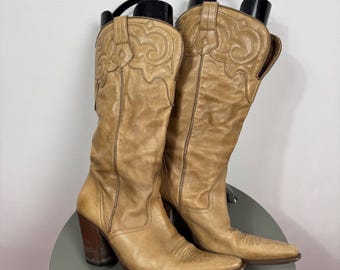 Vintage Western Cowboy Boots Tan Leather Block Heel EU 39