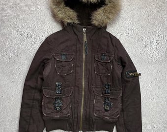 Veste d'hiver en fausse fourrure à capuche multipoches An2K marron avec fermeture éclair pour femme M