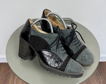Fly London Suede Leather Block Heel Oxford Shoes Women EU 38 Gray Black