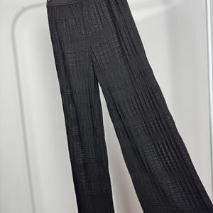May include: Black, wide-leg pants with a textured, pleated design. The pants are hanging on a hanger against a white background. The fabric appears to have a subtle sheen.
