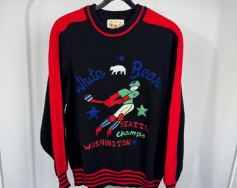 Suéter de punto Vintage White Bear Seattle Washington Champs, mezcla de lana, talla M