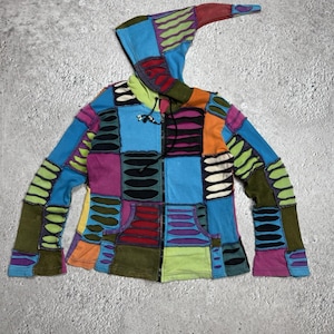 Vintage Patchwork Pixie Hood Zip Hoodie Festival Boho Fairy Psytrance Jacket M