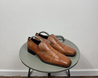 Men’s Brown Leather Brogue Monk Strap Dress Shoes Square Toe Loafers EU 41