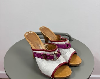 Dolce & Gabbana Wooden Clog Mule Heels White Pink Leather EU 38 Vintage