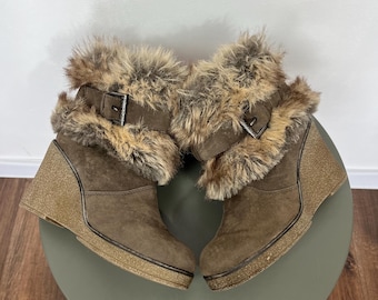 Damstövlar med kilklack i mocka och päls, bruna, EU 37, vinter, mysiga, platåkomfort