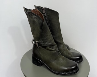 A.S.98 Leather Boots Green Women EU 38 Biker Buckle Zip Distressed Style