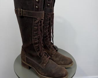 Timberland Tall Leather Biker Combat Boots Bruna Snörstövlar Dam US10