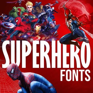 May include: A vibrant red graphic featuring various superheroes, including Spider-Man, Captain Marvel, and Iron Man. The text "SUPERHERO FONTS" is prominently displayed in white, with a spider web design in the background.