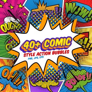 Könnte beinhalten: Ein farbenfrohes Comic-Grafikdesign mit Sprechblasen und Aktionswörtern. Die zentrale Sprechblase zeigt "40+ COMIC STYLE ACTION BUBBLES" mit "PNG, JPG, EPS" darunter. Weitere Sprechblasen sagen "OUCH", "OH!!", "POWOF!!" und "WOW!!".
