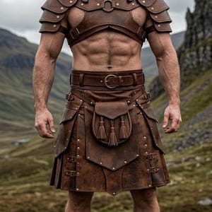 Op de afbeelding: Bruin leren kilt- en harnasset. De kilt heeft een voorvak met kwastjes en het harnas bevat schouderstukken en een borstharnas. De outfit is gedetailleerd met metalen studs en gespen, geschikt voor cosplay of historische re-enactment.