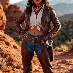 Könnte beinhalten: Braune Lederjacke, Chaps und Gürtel mit großer Schnalle. Das Outfit umfasst einen Cowboyhut, ein rotes Halstuch und eine Halterung mit einer Pistole. Der Hintergrund zeigt eine Wüstenlandschaft.