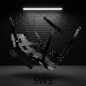 A black leather swing with silver rivets and straps, suspended in a dark room. The swing has a curved seat and multiple attachment points. The image includes the text "SW3" at the bottom.