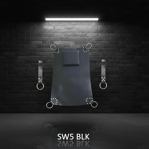 Black leather swing set with a rectangular headrest and four corner rings. Two leather straps with metal rings hang on either side. The text "SW5 BLK" is at the bottom.