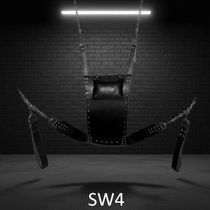 Black leather swing with a padded backrest and arm supports, suspended by chains. The swing features multiple straps and rivets. The text "SW4" is visible at the bottom.