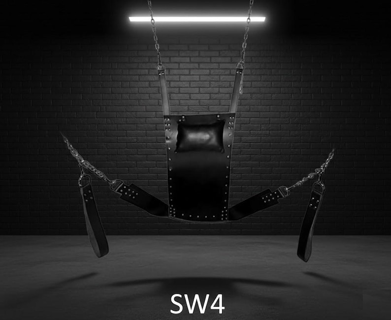 Black leather swing with a padded backrest and arm supports, suspended by chains. The swing features multiple straps and rivets. The text "SW4" is visible at the bottom.