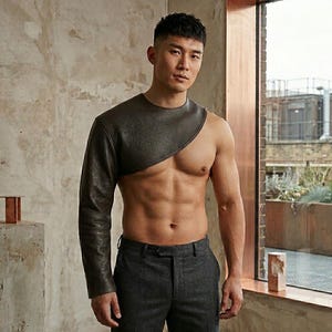 May include: A dark gray leather asymmetrical top with one long sleeve. The top is paired with dark gray trousers. The model is standing near a window with a view of a city.