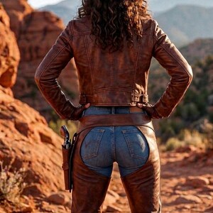 A woman dressed in a complete Western cowgirl outfit featuring a cropped brown leather motorcycle jacket, vintage-style leather chaps with a brass buckle, and fingerless leather gloves. She is posed in a sun-drenched rocky desert, highlighting the detailed stitching and distressed finish of the handmade leather garments.