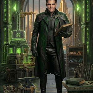 Grüner Herren-Ledermantel im Fantasy-Stil, nordische Gothic-Jacke, Magier-Cosplay, Mittelalter-LARP-Outfit
